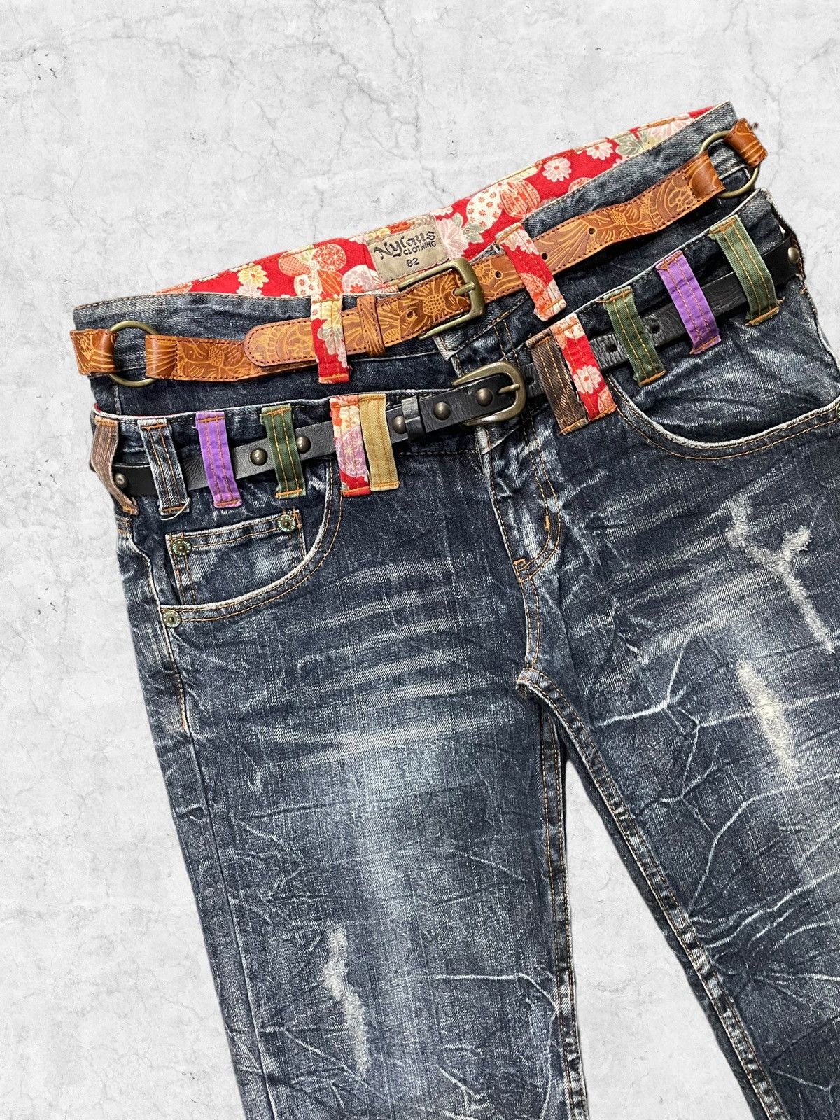 Japanese Brand × Vintage Nylaus Distressed Double Waist Denim With Crazy Double Belt Size US 30 / EU 46 - 5 Thumbnail