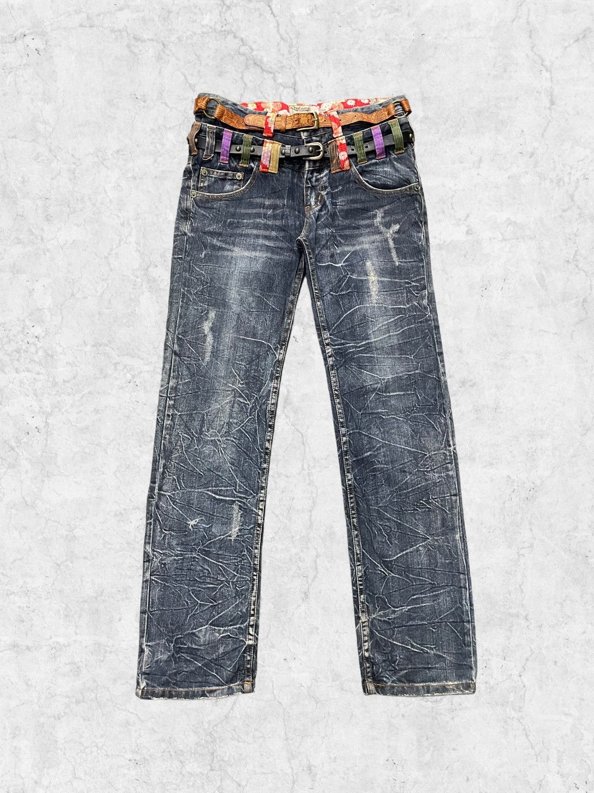 Japanese Brand × Vintage Nylaus Distressed Double Waist Denim With Crazy Double Belt Size US 30 / EU 46 - 2 Thumbnail