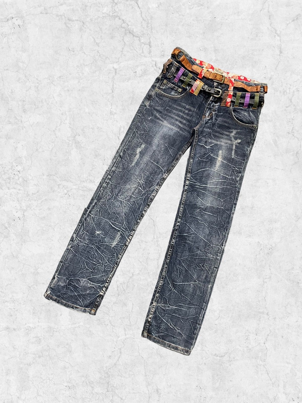Japanese Brand × Vintage Nylaus Distressed Double Waist Denim With Crazy Double Belt Size US 30 / EU 46 - 4 Thumbnail