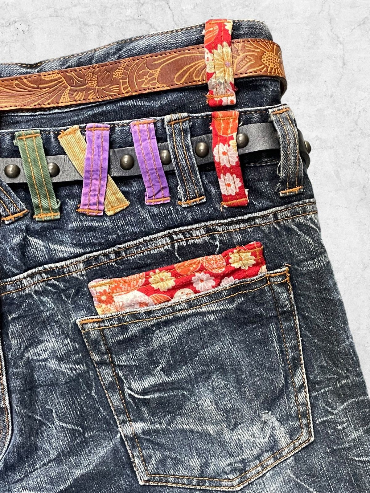 Japanese Brand × Vintage Nylaus Distressed Double Waist Denim With Crazy Double Belt Size US 30 / EU 46 - 12 Thumbnail
