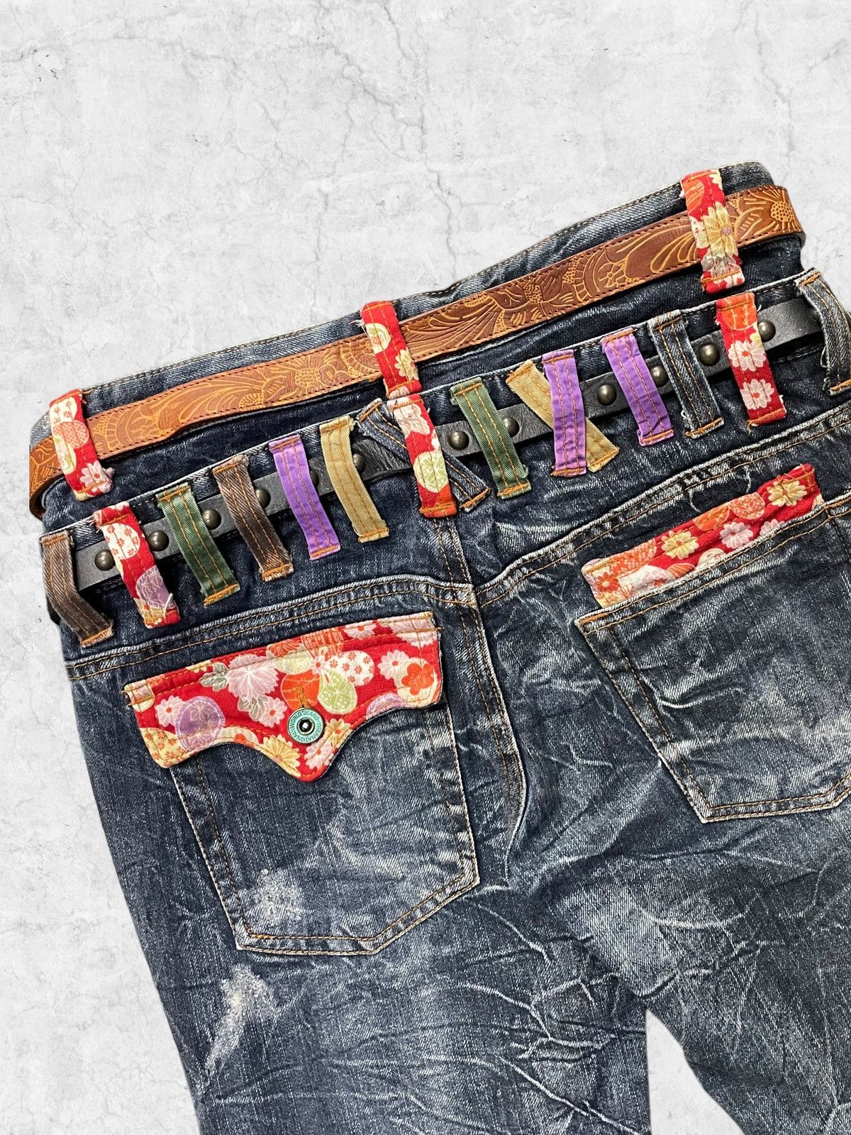 Japanese Brand × Vintage Nylaus Distressed Double Waist Denim With Crazy Double Belt Size US 30 / EU 46 - 10 Thumbnail