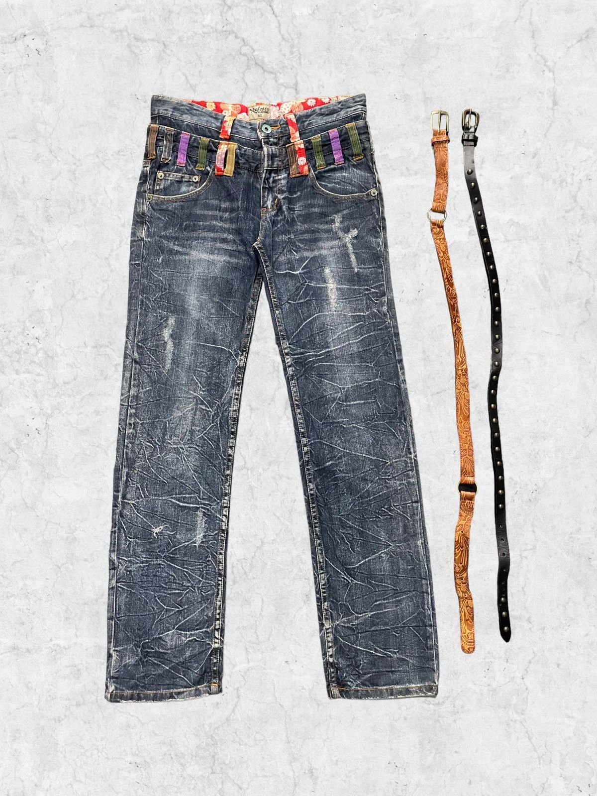 Japanese Brand × Vintage Nylaus Distressed Double Waist Denim With Crazy Double Belt Size US 30 / EU 46 - 3 Thumbnail
