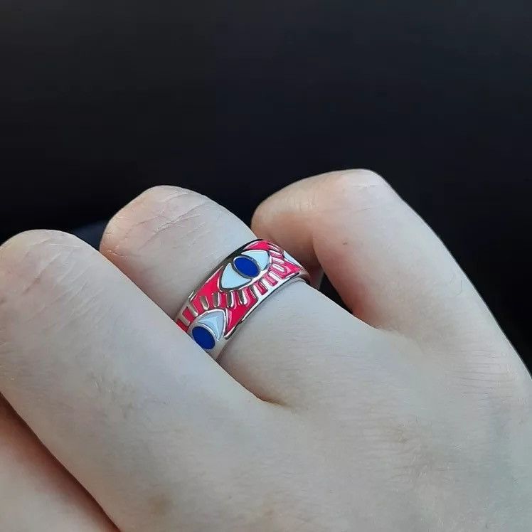 Jewelry Rose Pink Enamel Engrave Turkish Evil Eye Ring Size ONE SIZE - 1 Preview