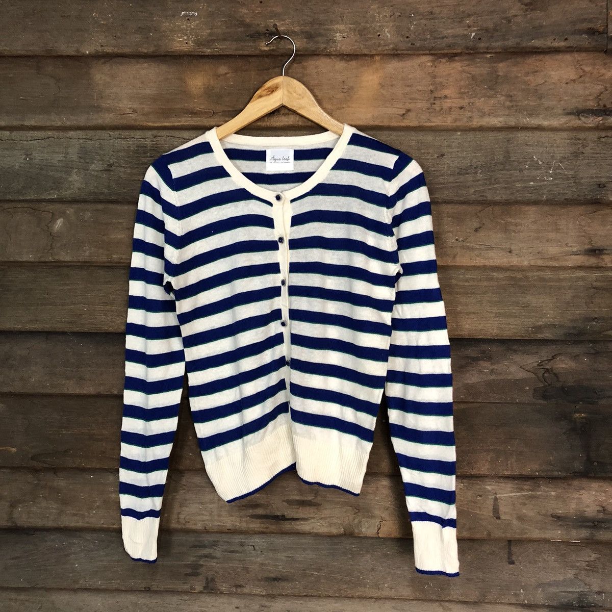 Japanese Brand Aqua Leaf Blue Stripe Patterned Cardigans #7269 Size M / US 6-8 / IT 42-44 - 1 Thumbnail
