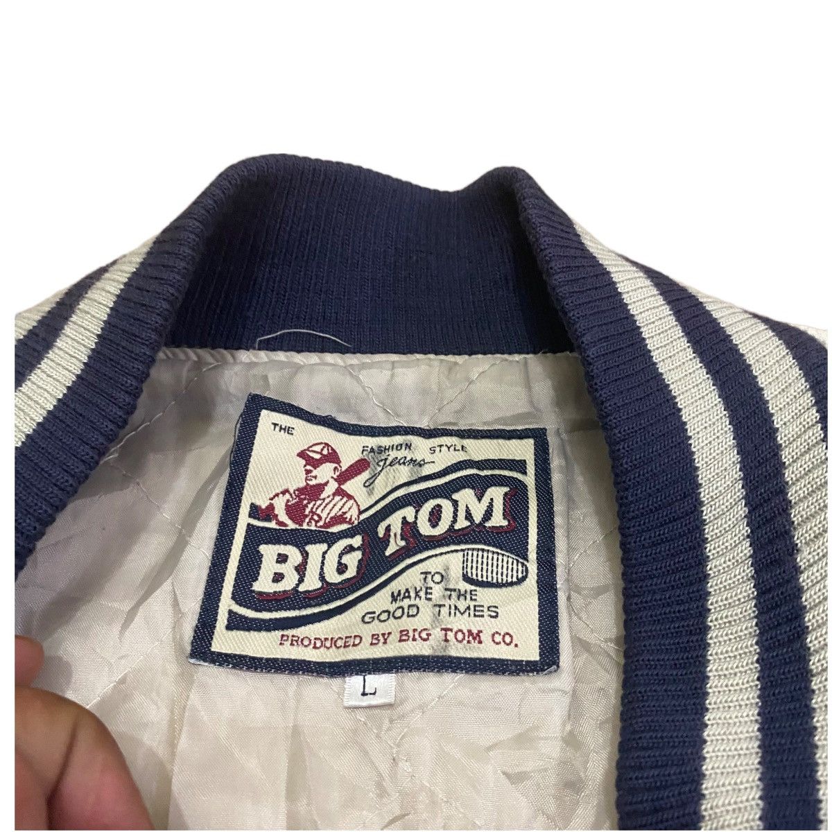 Japanese Brand × Vintage Vintage Big Tom Big Logo Varsity Jacket Denim Baggy Style Size US XL / EU 56 / 4 - 13 Thumbnail