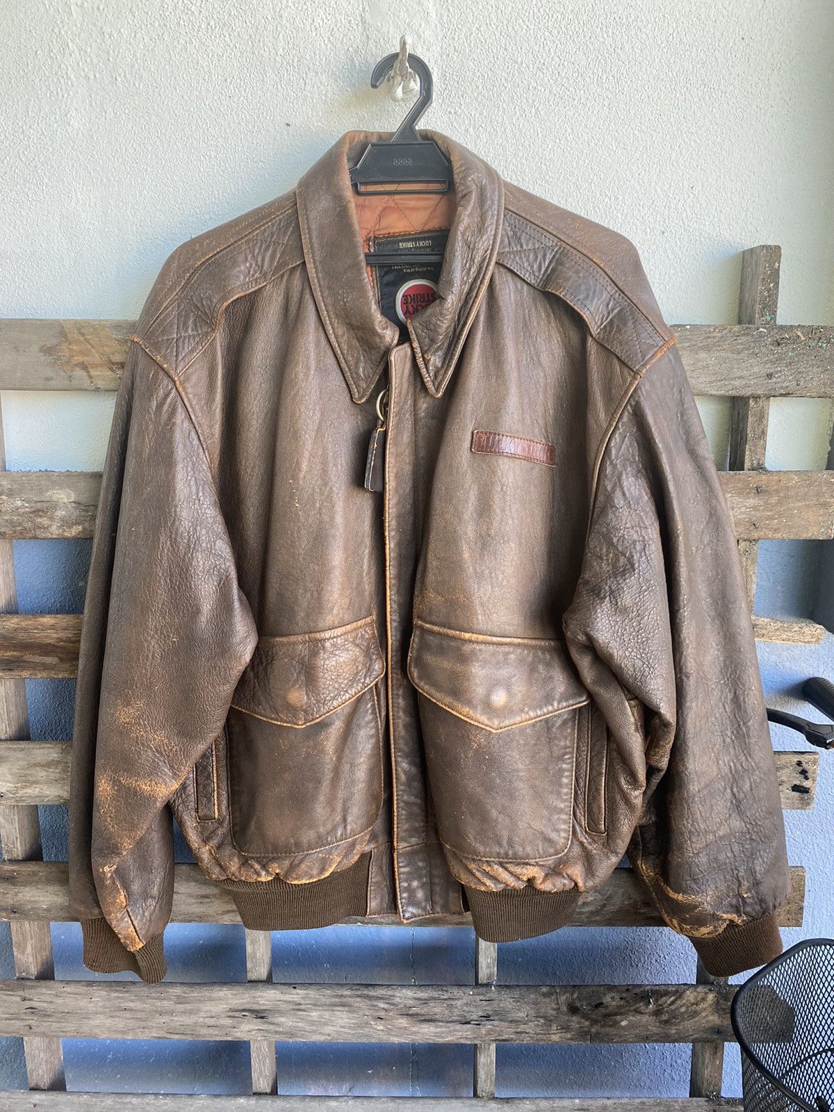image of Military x Vintage Lucky Strike Leather Jacket in Brown, Men's (Size Large)