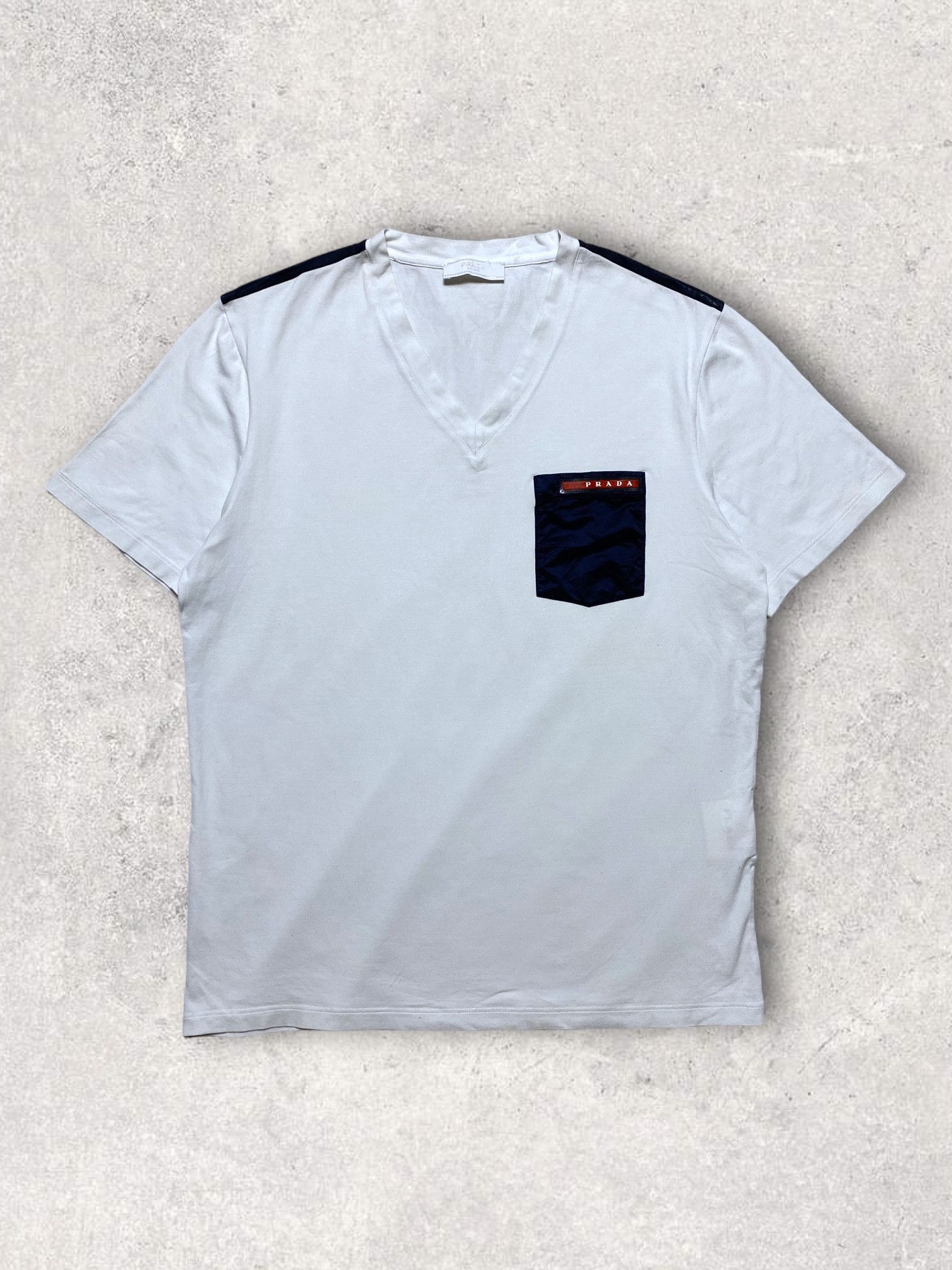 image of Designer Prada White Tee Nylon Pocket Logo Spellout, Men's (Size Small)