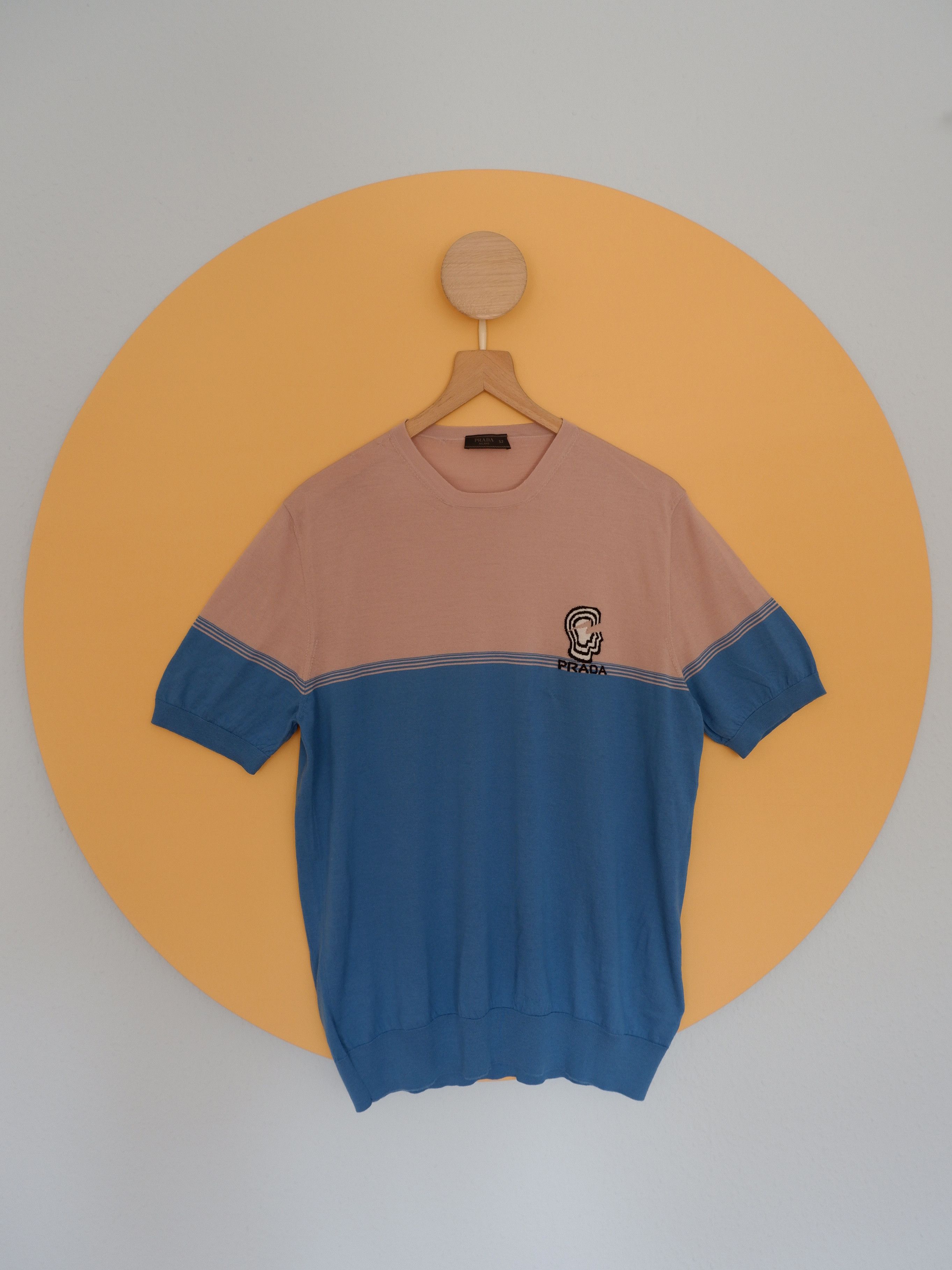 image of Best Price! Prada 1K Extra Fine Wool Sweater With Chest Logo in Light Blue, Men's (Size Large)