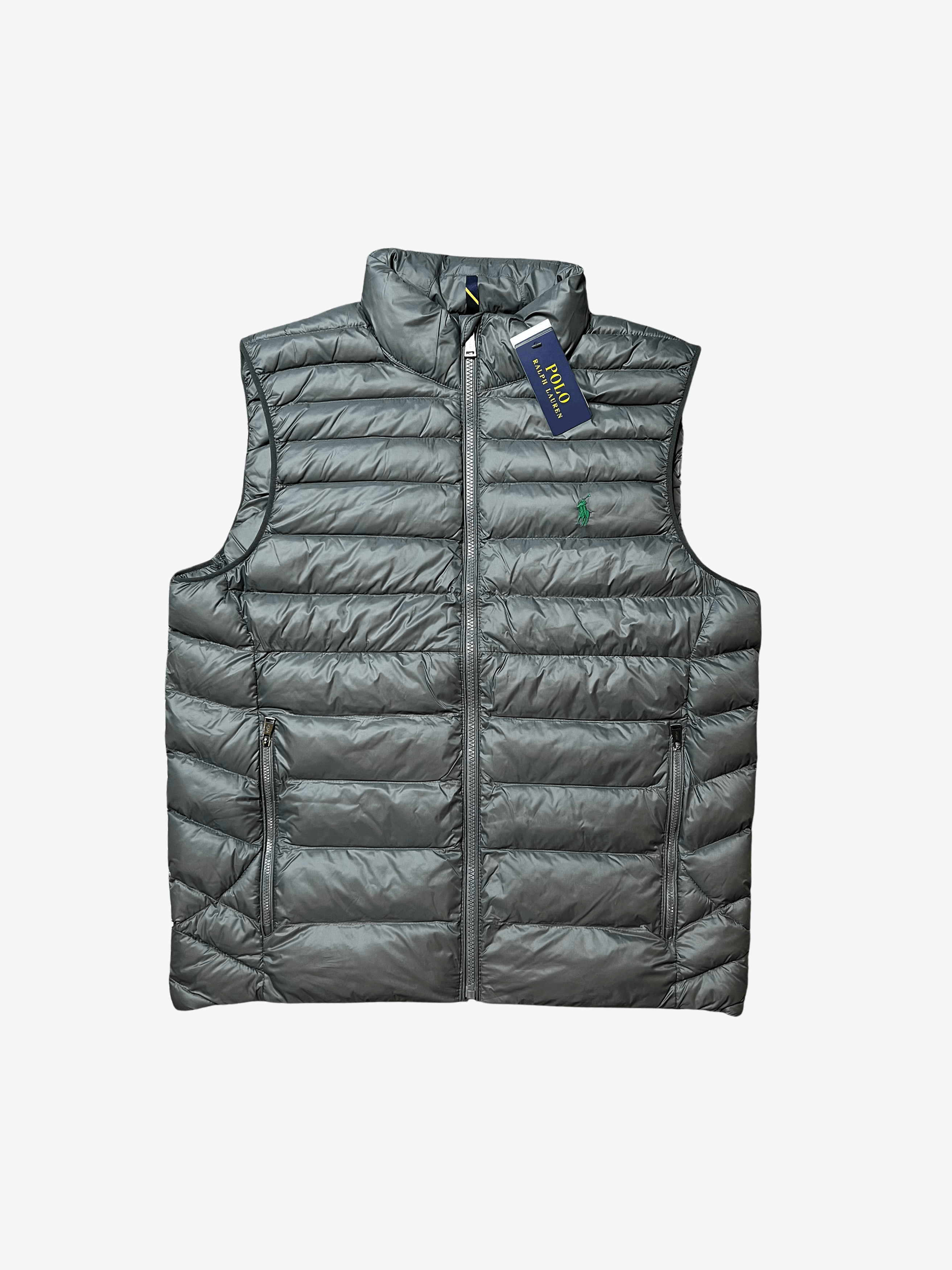 image of $188 Polo Ralph Laurent Grey Bubble Green Pony Puffer Vest, Men's (Size XL)