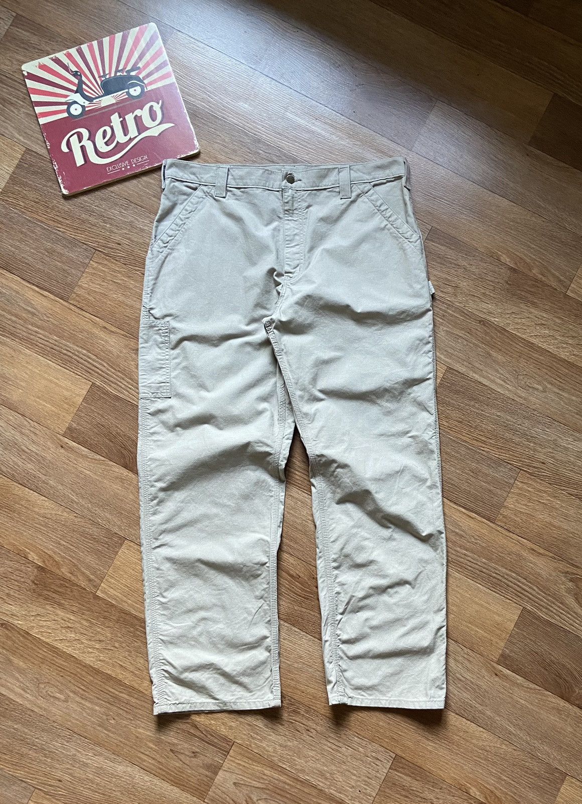 image of Vintage Carhartt Double Knee Canvas Work Dungaree Pants in Light Cream, Men's (Size 34)