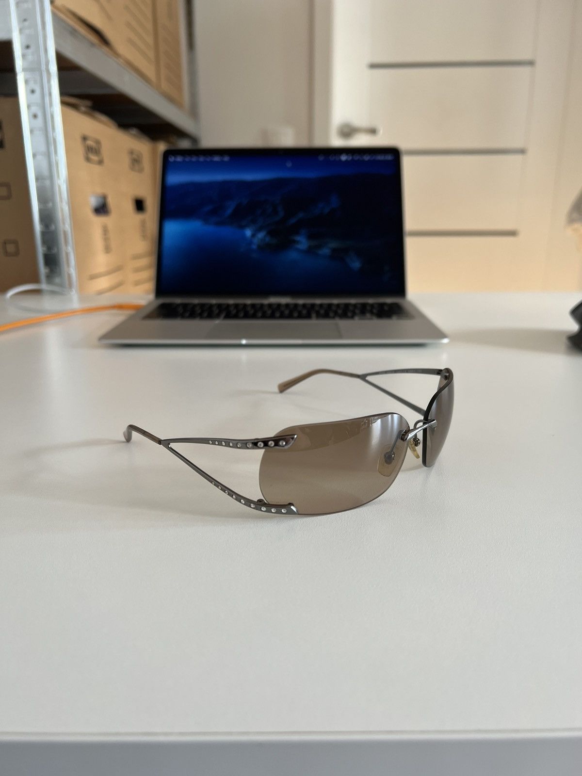image of Vintage Versace Medusa Logo Crystal Frameless Sunglasses in Silver, Men's