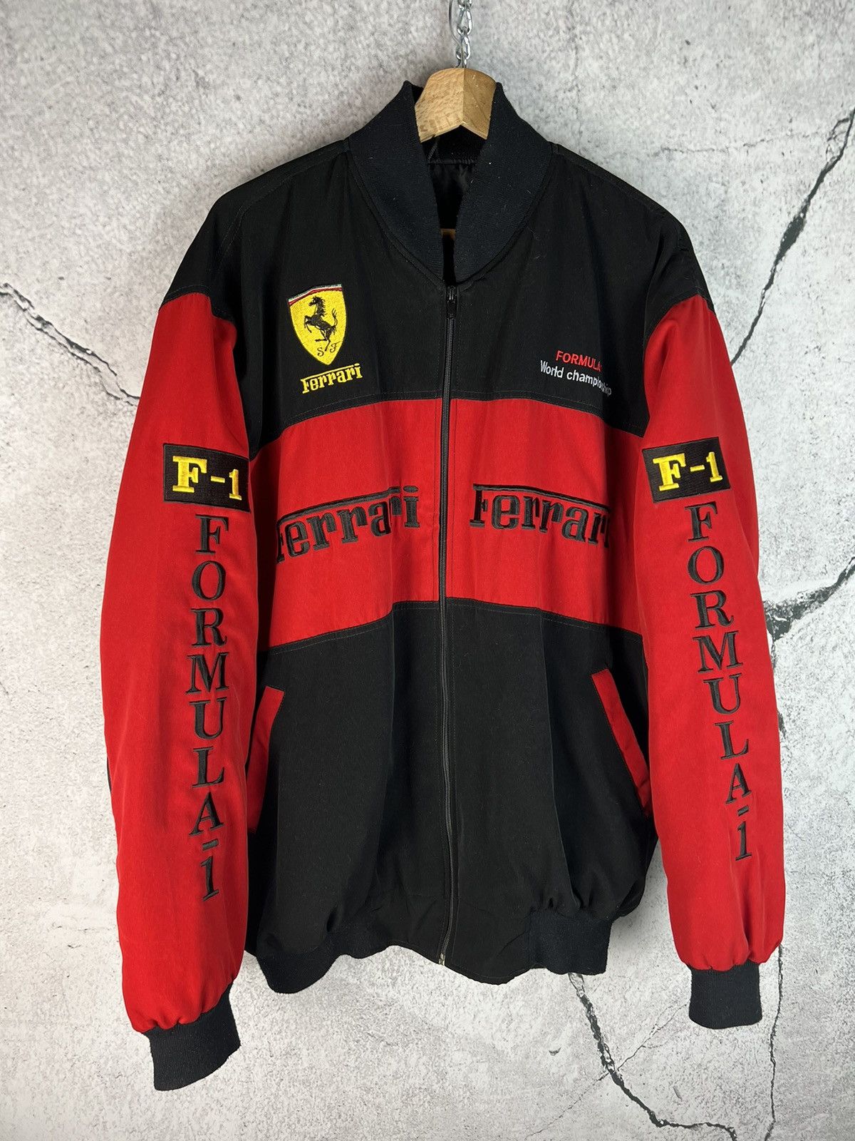 Image of Vintage Ferrari Red Black Bomber Jacket, Men's (Size 2XL)