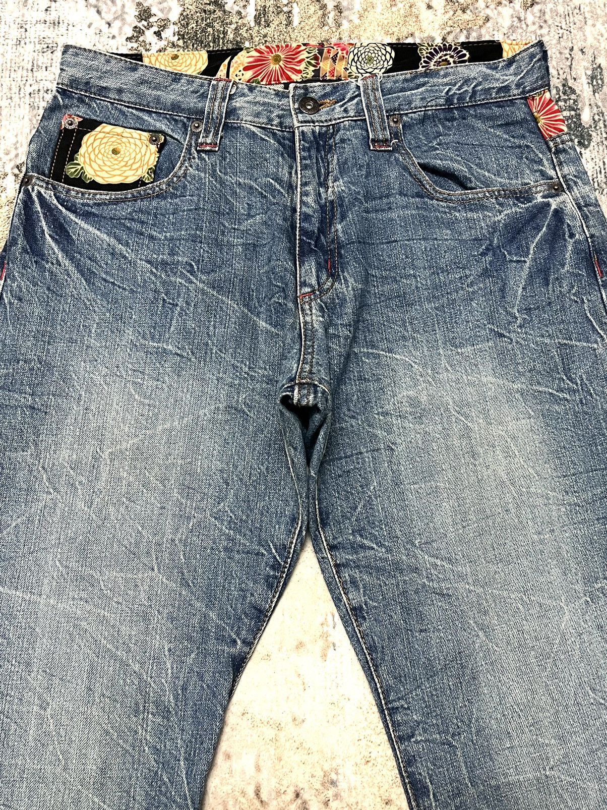Japanese Brand × Vintage Jack Serika Flower Kimono Art Distressed Straight Cut Jeans Size US 32 / EU 48 - 2 Thumbnail