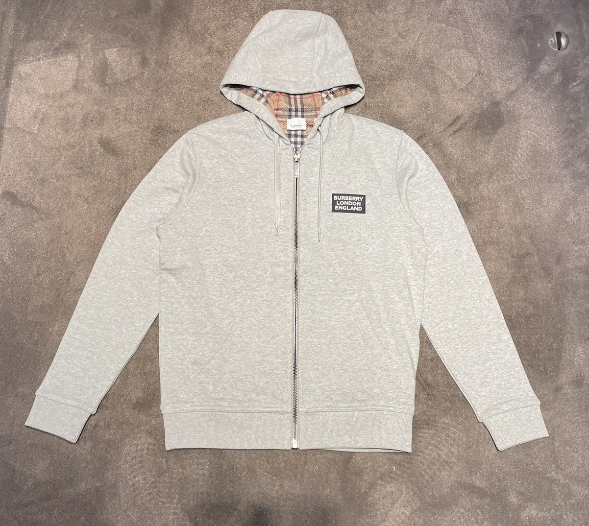 image of Burberry Hove Mesh Vintage Check Zip Up Hoodie in Grey, Men's (Size Small)