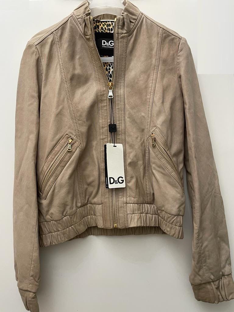 image of Dolce Gabbana Leather Biker Jacket (New) in Tan, Women's (Size Medium)