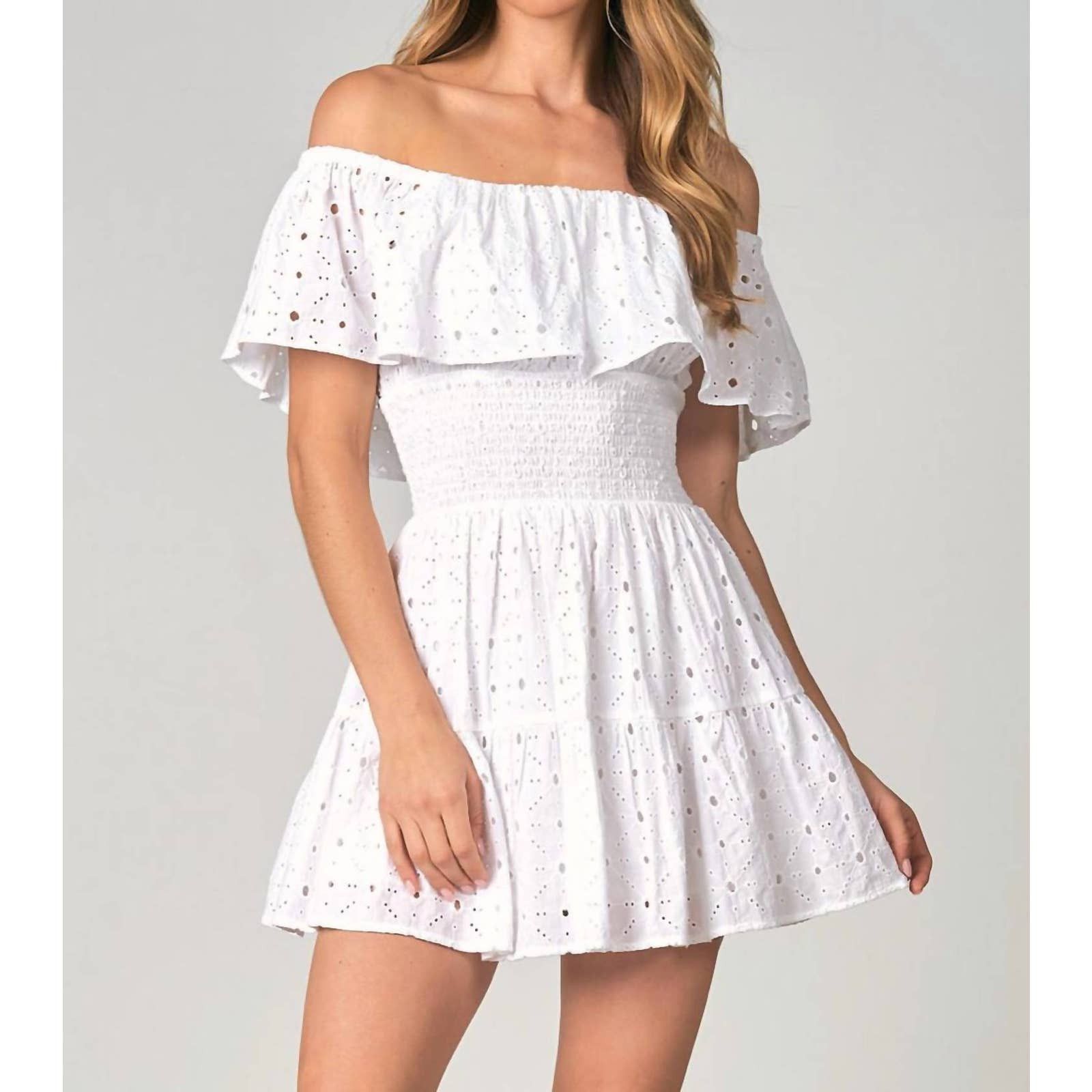 Retro White 100% Cotton Eyelet Off The Shoulder Mini Dress - s main image 1