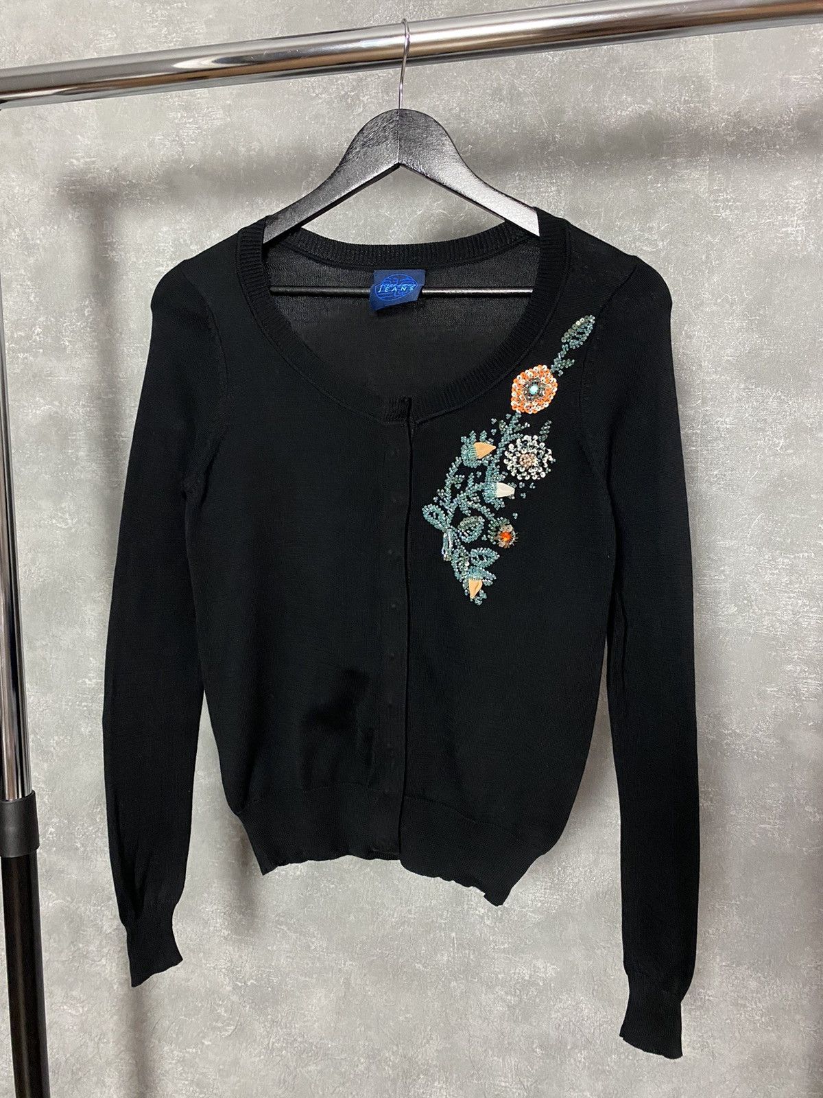 Kenzo × Vintage Kenzo Jeans Black Cotton Sequins Floral Boat Neck Cardigan Size S / US 4 / IT 40 - 1 Thumbnail
