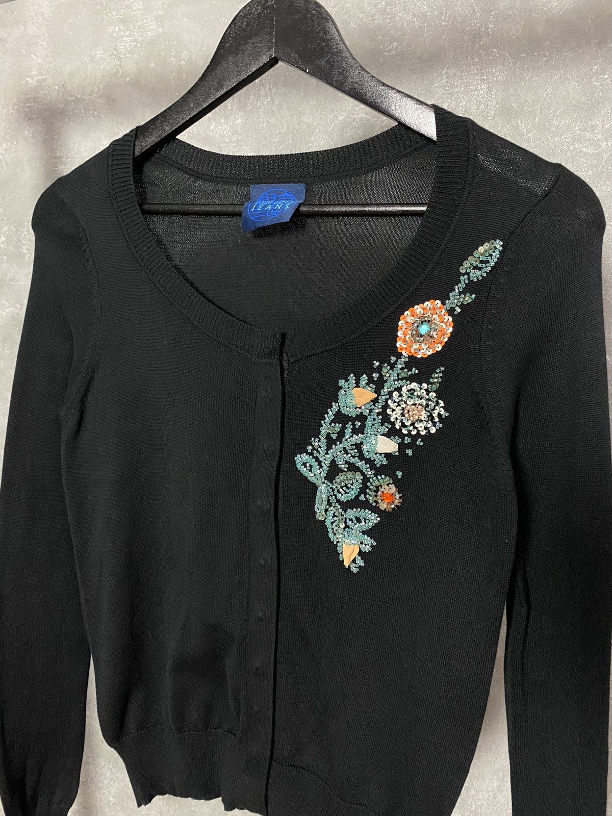 Kenzo × Vintage Kenzo Jeans Black Cotton Sequins Floral Boat Neck Cardigan Size S / US 4 / IT 40 - 2 Thumbnail