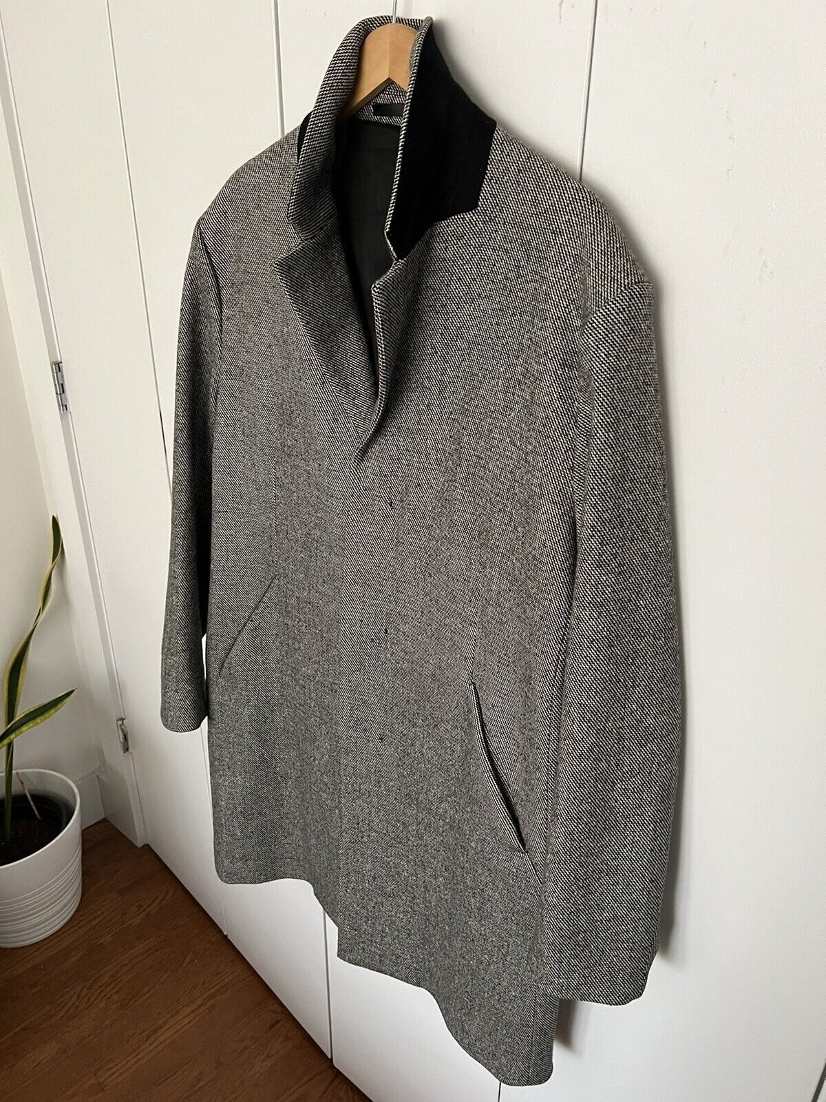image of $795 Theory - Delancey Wool Black Top Coat Herringbone in Grey, Men's (Size 2XL)
