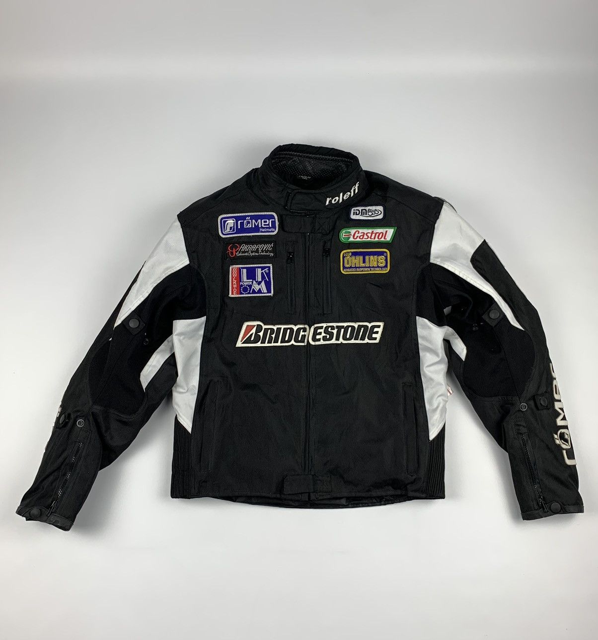 image of Racing Roleff Moto Jacket Bridgestone Romer Akrapovic Wind Tex in Black/White, Men's (Size 2XL)