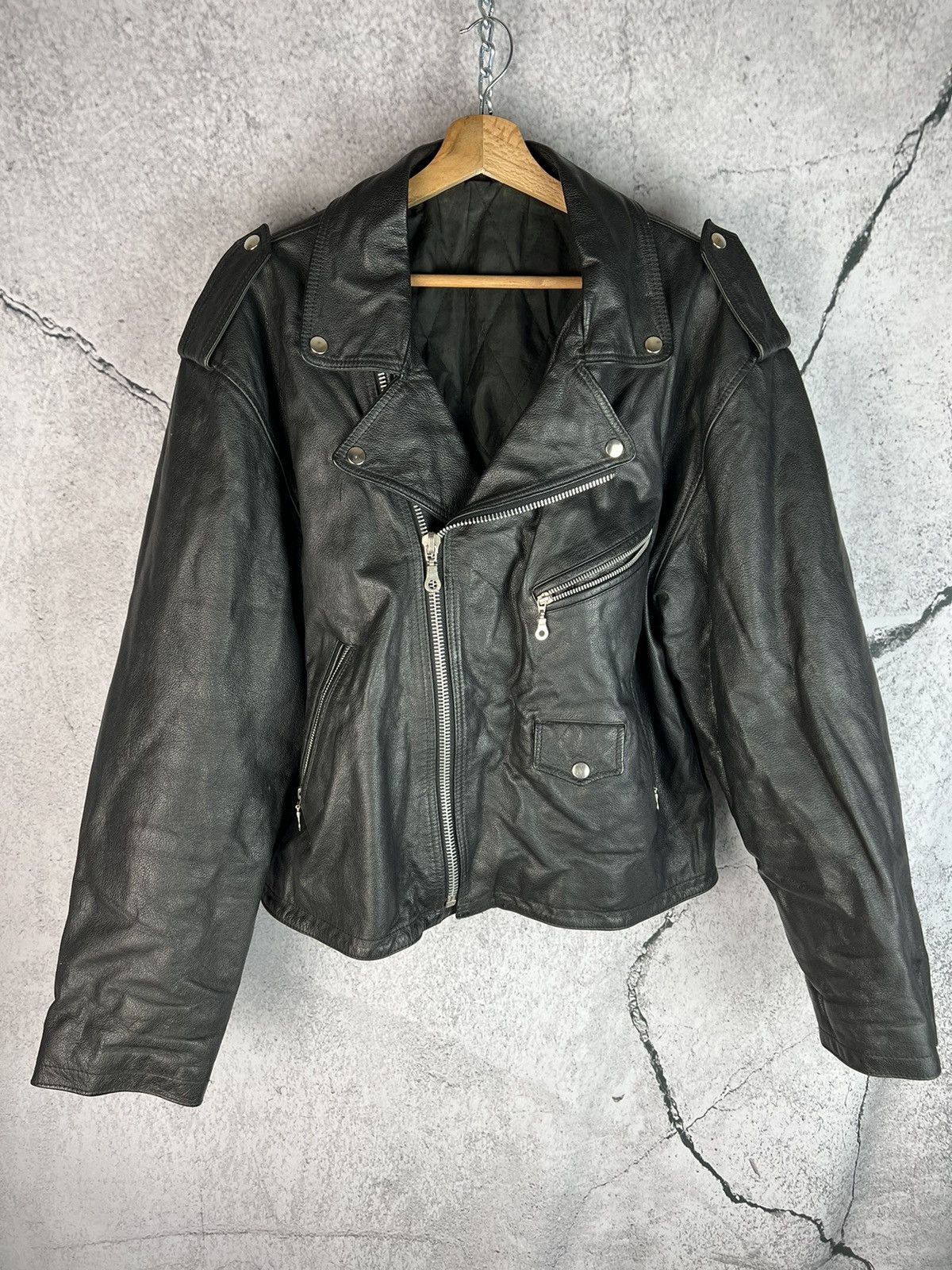 image of Vintage 90's Leather Jacket Ramones Racing Moto Jacket in Black, Men's (Size Large)