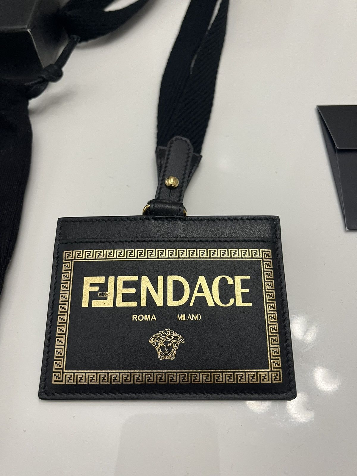 image of Fendi Fendace Logo Leather Card Holder in Black, Men's