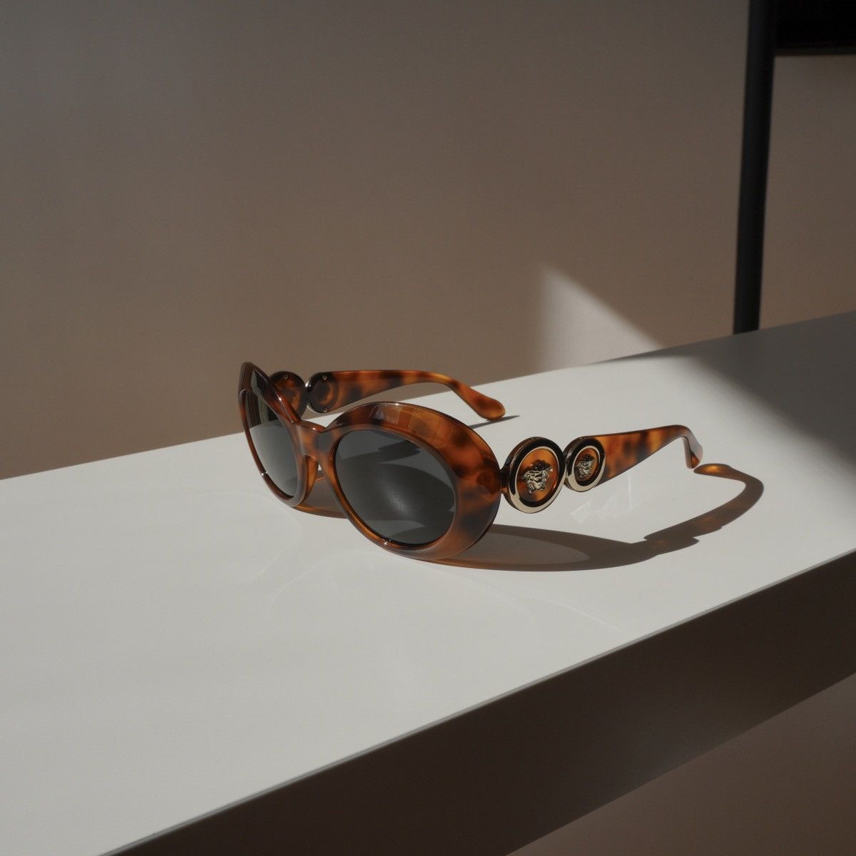 image of Vintage Versace Medusa 96 Oval Gold Logo Brown Sunglasses, Women's