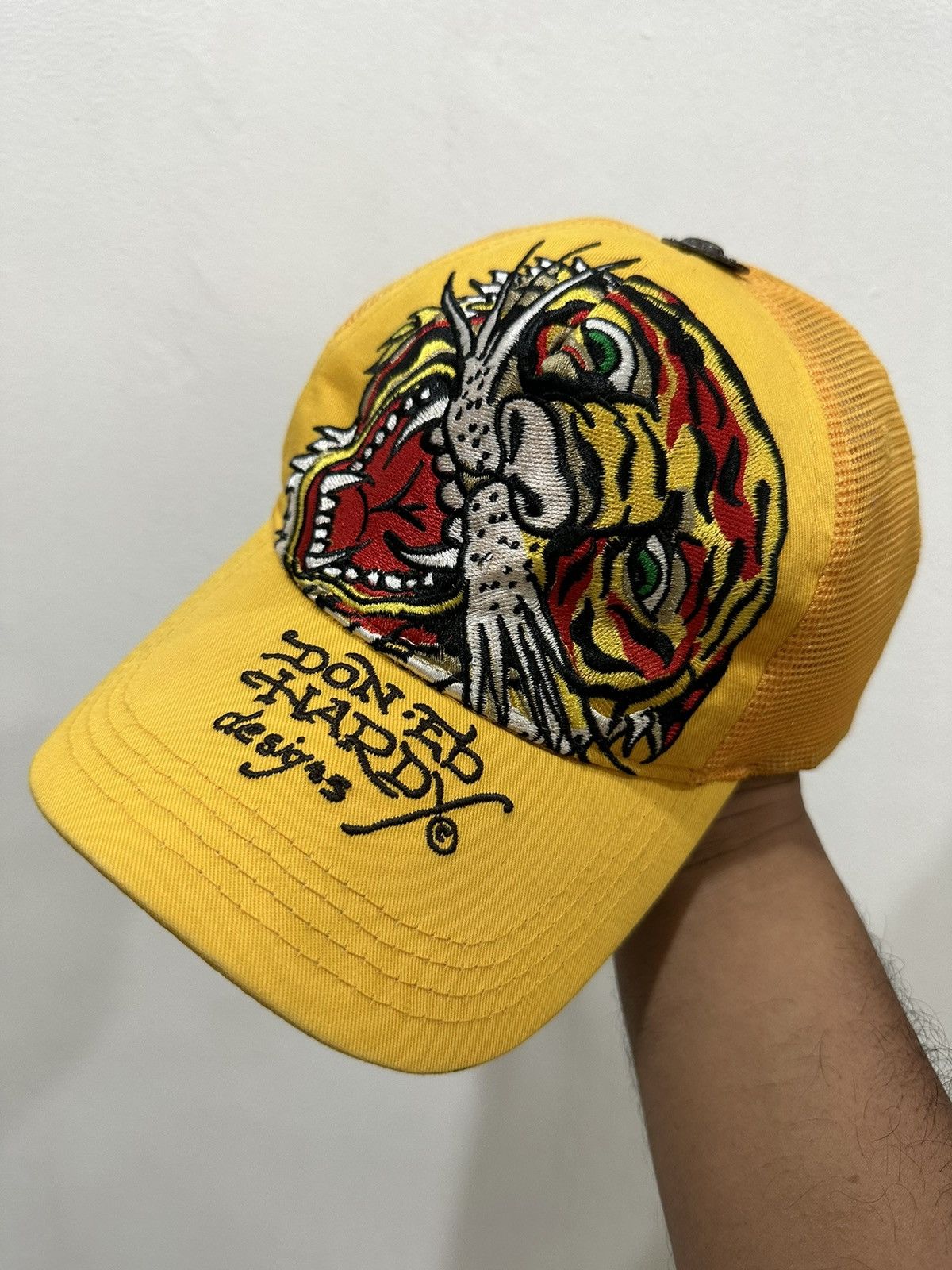image of Christian Audigier x Ed Hardy VTG Distress Ed Hardy X C.a Embroid Trucker Hat in Yellow, Men's