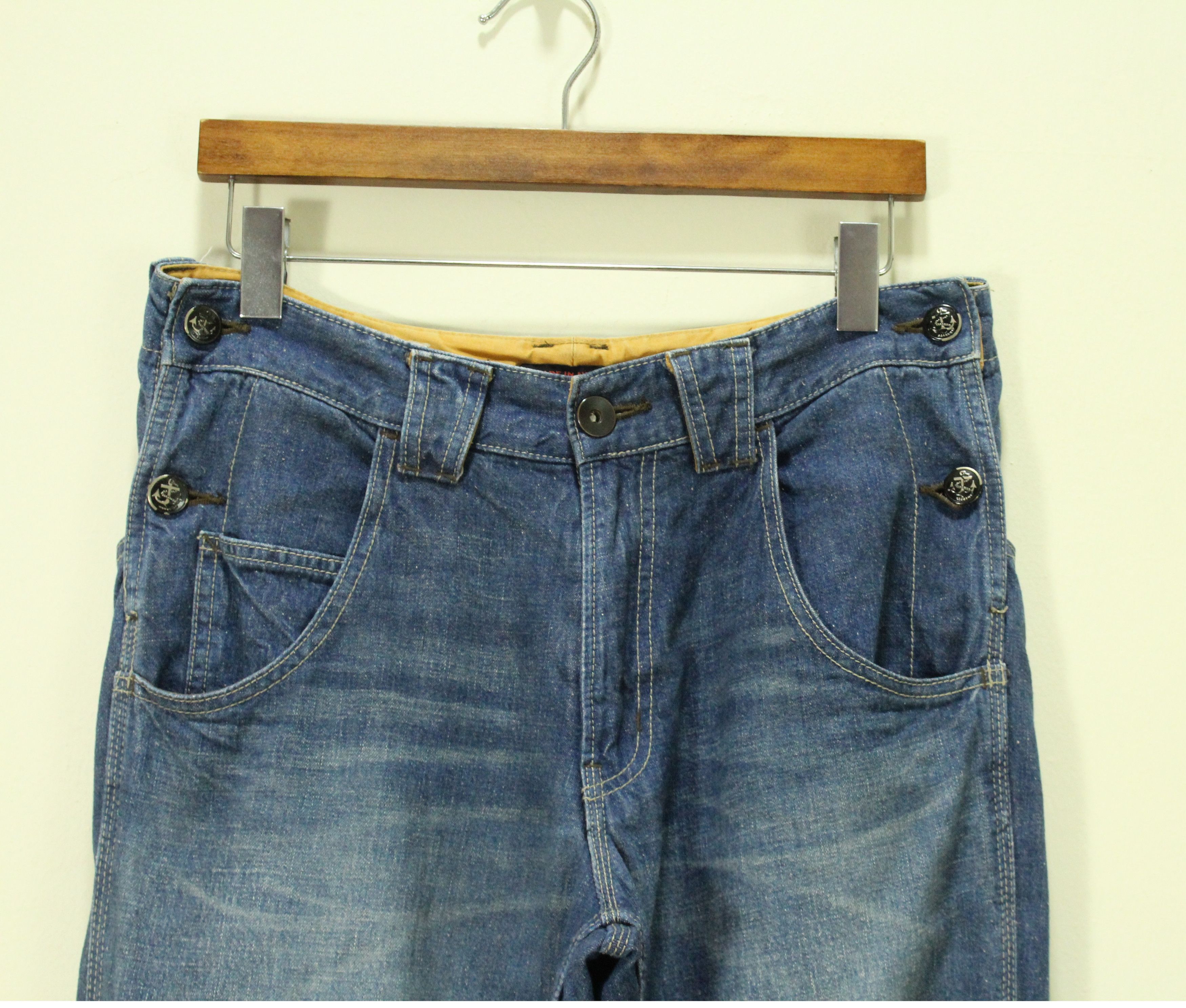 Japanese Brand SURPLUS Denim Utility Side Button Blue Way Navy Army Size US 30 / EU 46 - 4 Thumbnail