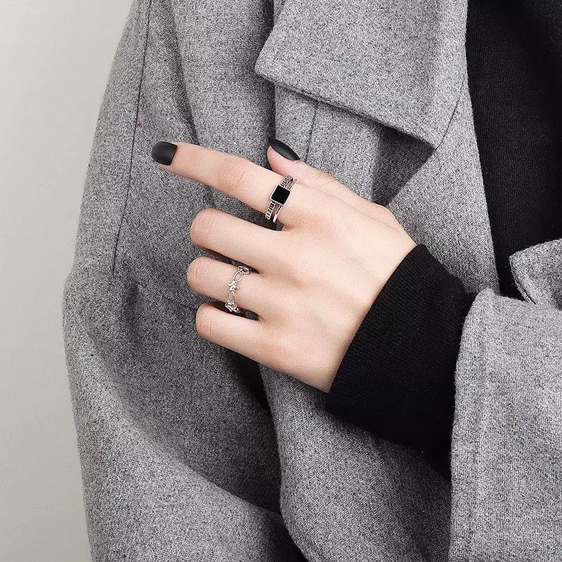 Jewelry Color Black Stone Open Double Ring Size ONE SIZE - 3 Thumbnail