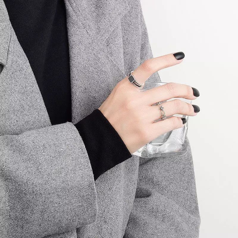Jewelry Color Black Stone Open Double Ring Size ONE SIZE - 4 Thumbnail