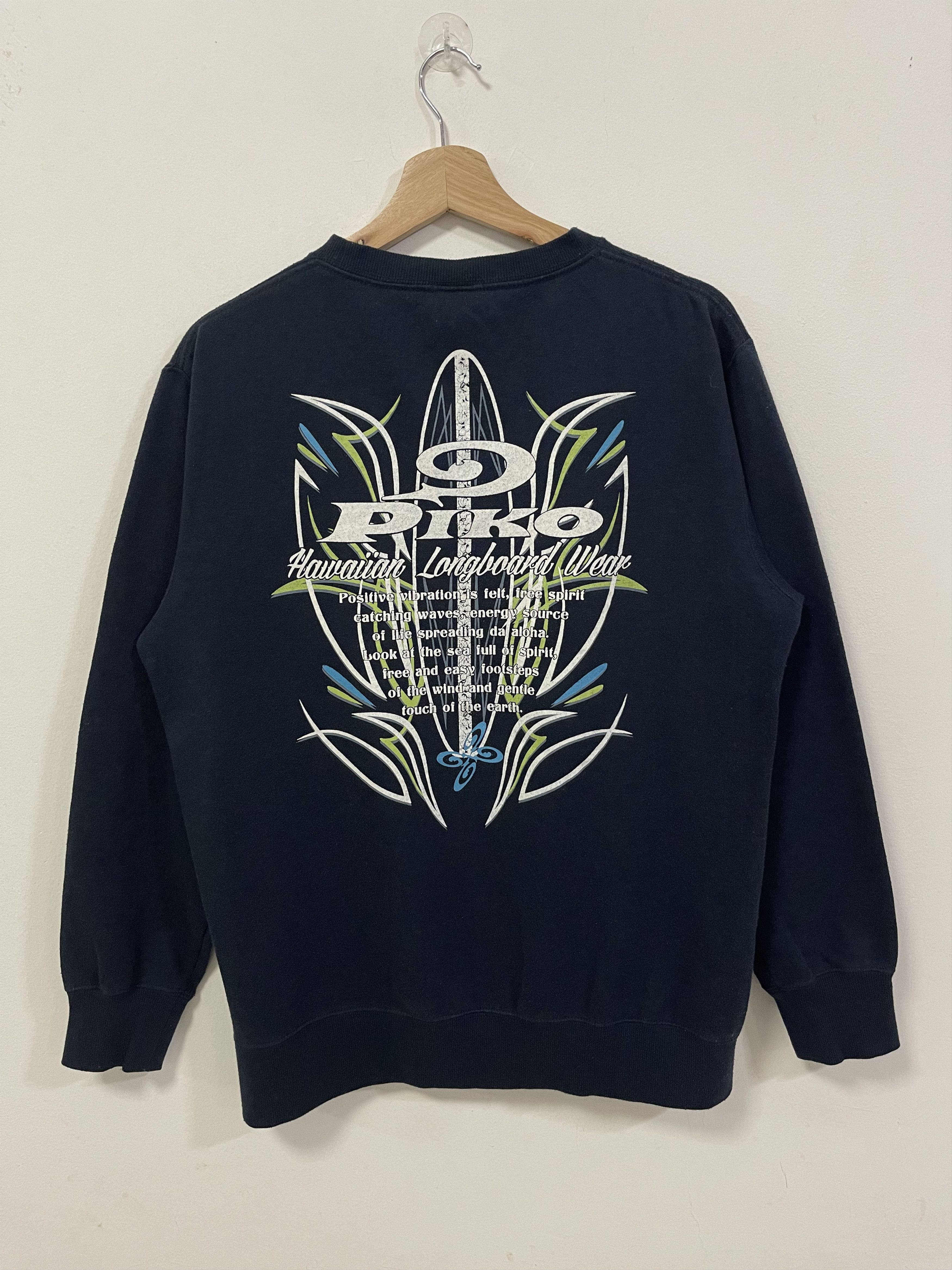 image of Hawaiian Shirt x Vintage Piko Hawaiian Longboard Wear Big Logo Sweatshirt in Navy (Size Small)