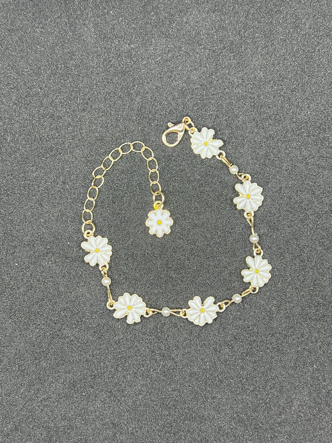 Jewelry x Vintage Daisy Flower Gold Chain Bracelet With Pearl Beads, Women's