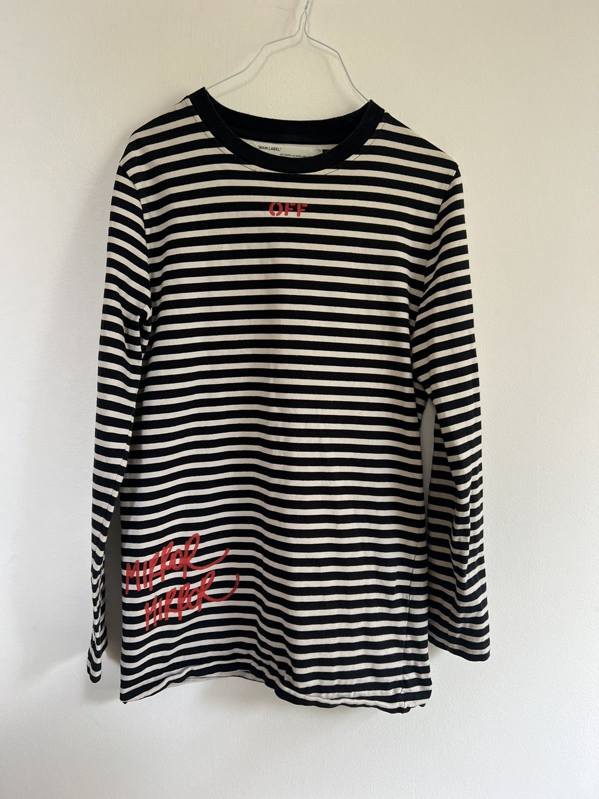 image of Off White Mirror Strips Long Sleeve Tee in Black White, Men's (Size Medium)