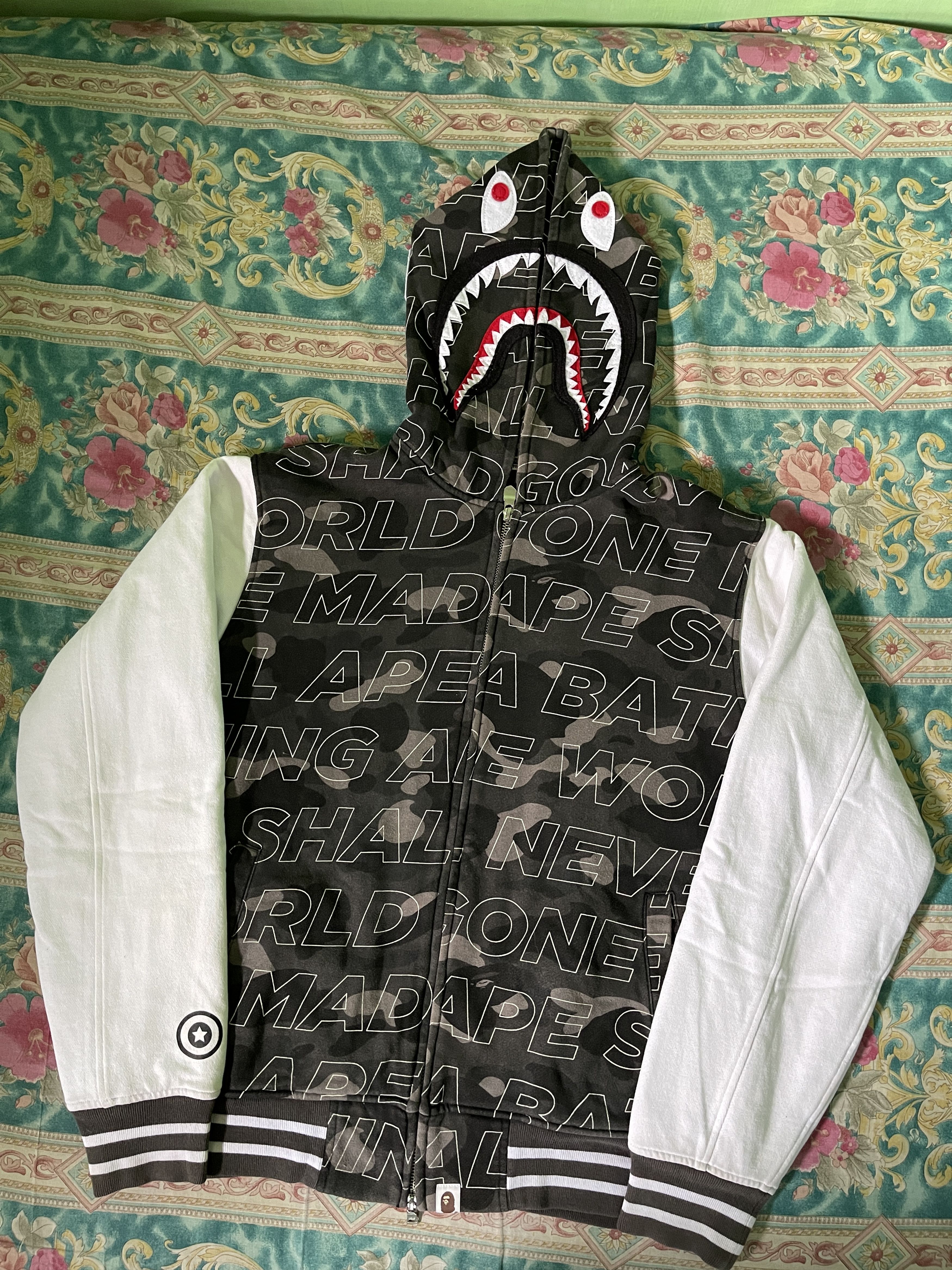 image of Bape Color Camo Motto Shark Hoodie Jacket in Black, Men's (Size Medium)