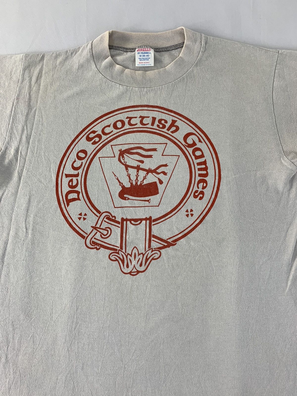 Jerzees 80s Delco Scottish Game Bagpipe Music Instrument 50/50 Tee Size S / US 4 / IT 40 - 2 Thumbnail