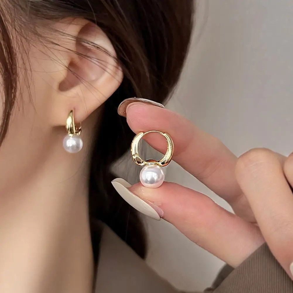 Other Gold Color Simple Pearl Hoop Earring Size ONE SIZE - 3 Thumbnail
