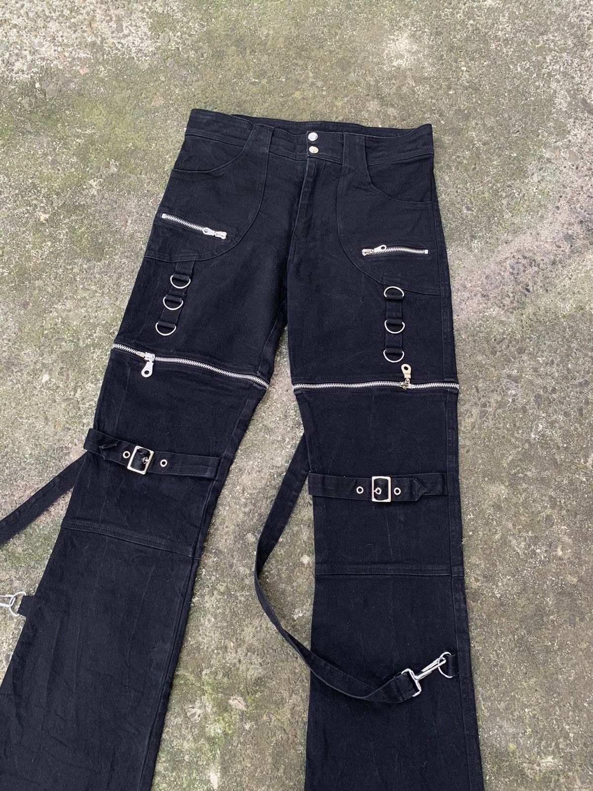 Vintage Women's Black Gothic Strap Pants - Y2K Cyber Rave Flare Size 32" / US 10 / IT 46 - 3 Thumbnail