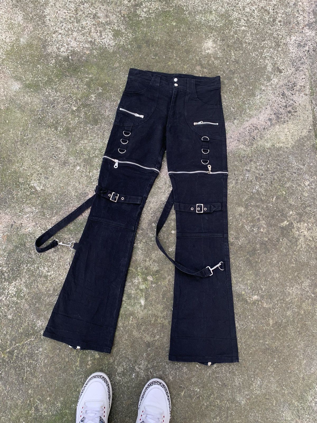 Vintage Women's Black Gothic Strap Pants - Y2K Cyber Rave Flare Size 32" / US 10 / IT 46 - 2 Thumbnail