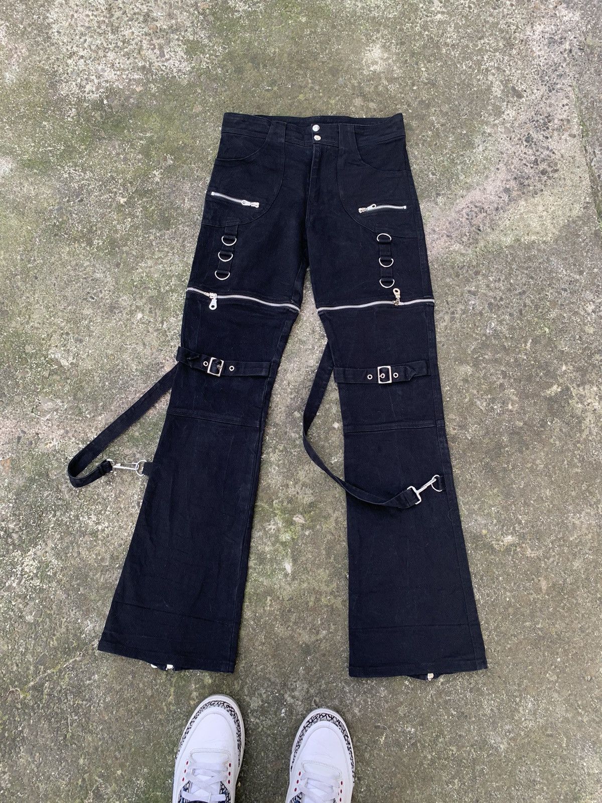 Vintage Women's Black Gothic Strap Pants - Y2K Cyber Rave Flare Size 32" / US 10 / IT 46 - 1 Thumbnail