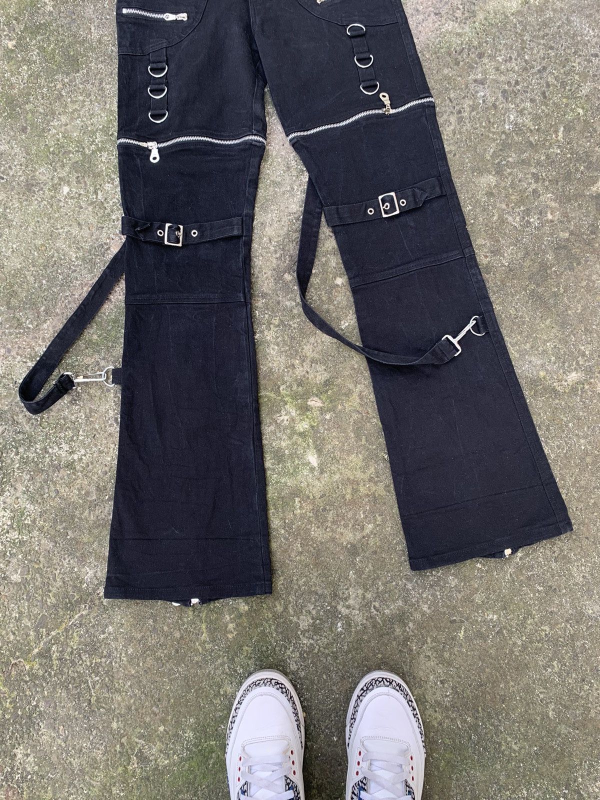 Vintage Women's Black Gothic Strap Pants - Y2K Cyber Rave Flare Size 32" / US 10 / IT 46 - 7 Thumbnail