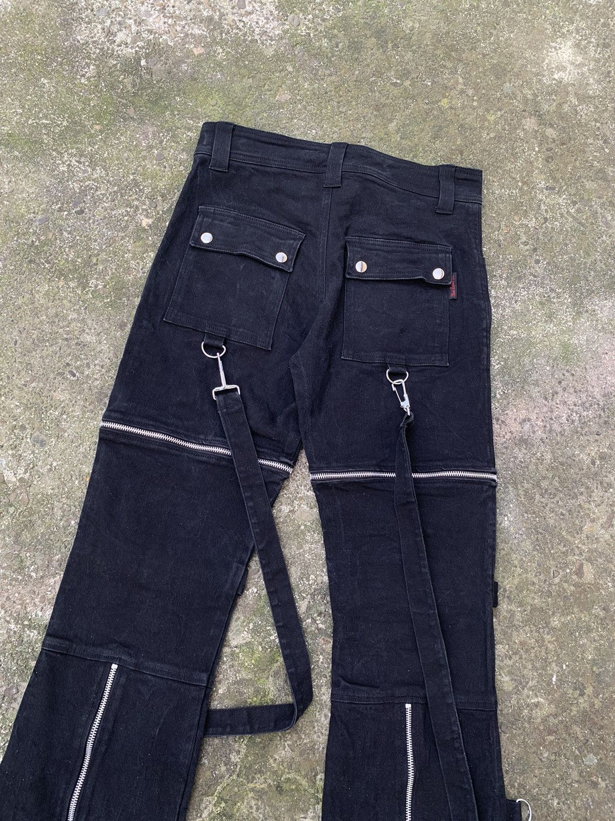 Vintage Women's Black Gothic Strap Pants - Y2K Cyber Rave Flare Size 32" / US 10 / IT 46 - 9 Thumbnail