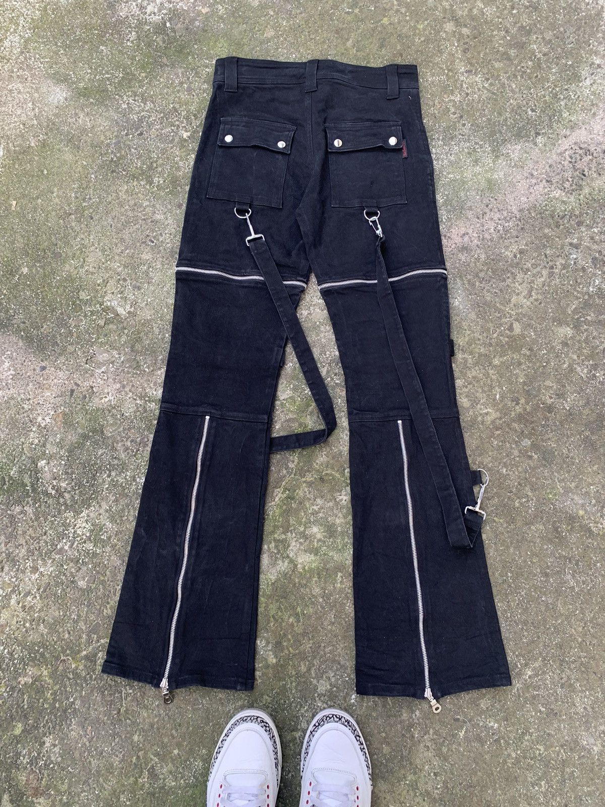 Vintage Women's Black Gothic Strap Pants - Y2K Cyber Rave Flare Size 32" / US 10 / IT 46 - 8 Thumbnail