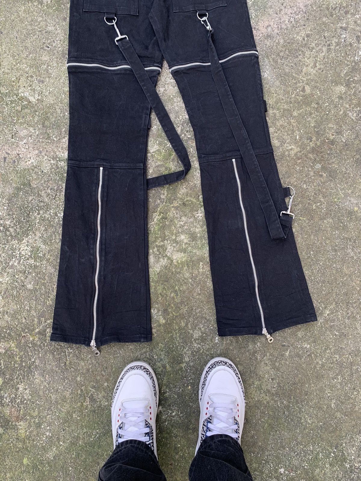 Vintage Women's Black Gothic Strap Pants - Y2K Cyber Rave Flare Size 32" / US 10 / IT 46 - 10 Thumbnail