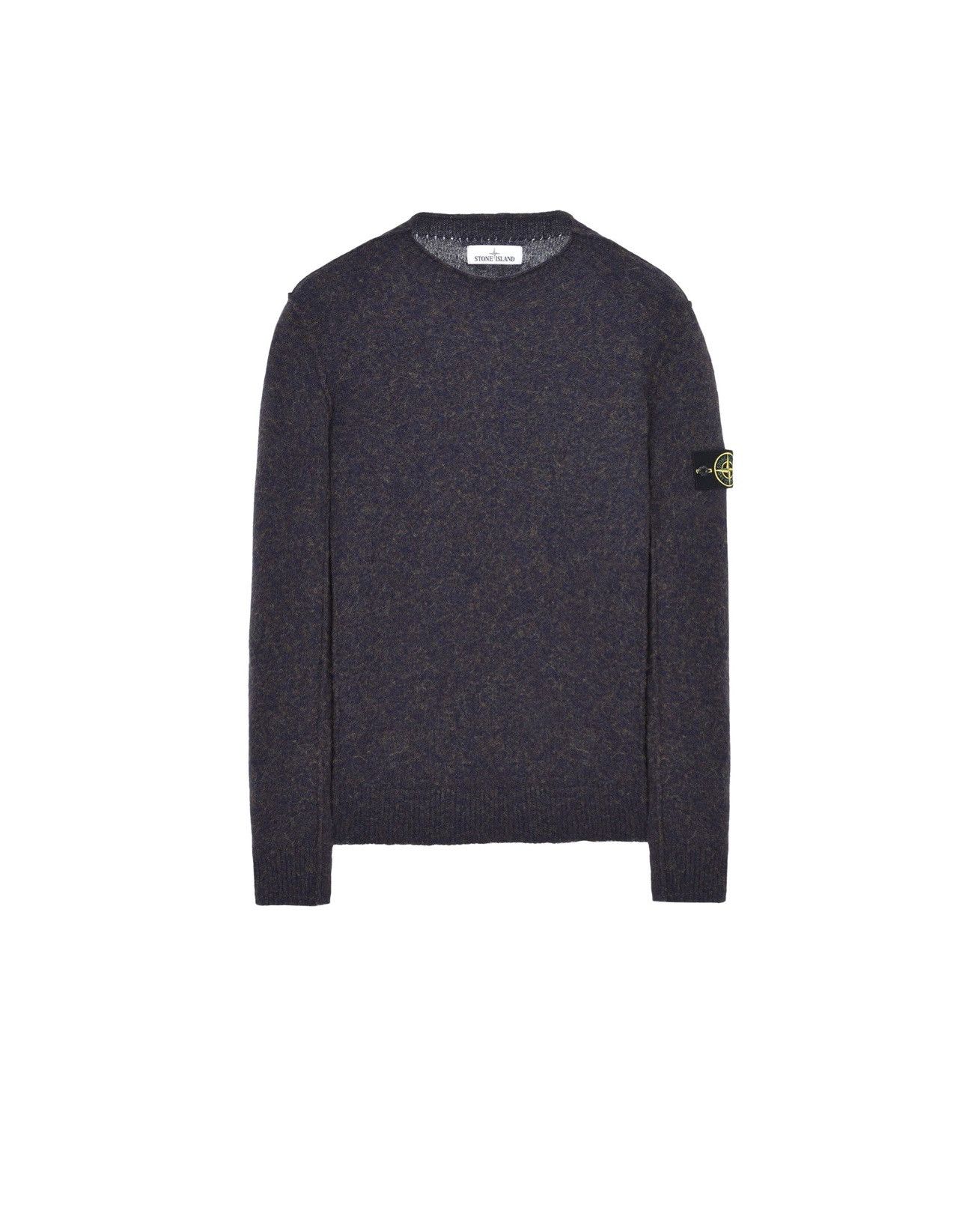 image of Stone Island Melange Knit Wool Ribbed Round Neck Sweater in Blue, Men's (Size XL)