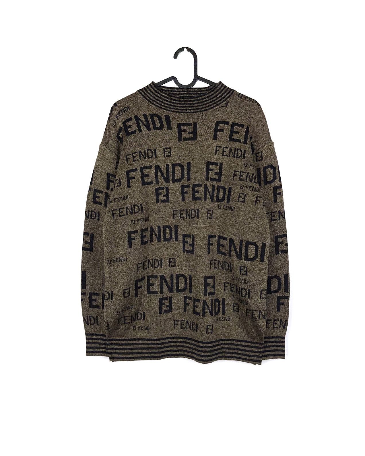 image of Vintage Fendi Ff Logo Zucca Monogram Mare Wool Sweater in Brown, Men's (Size Small)