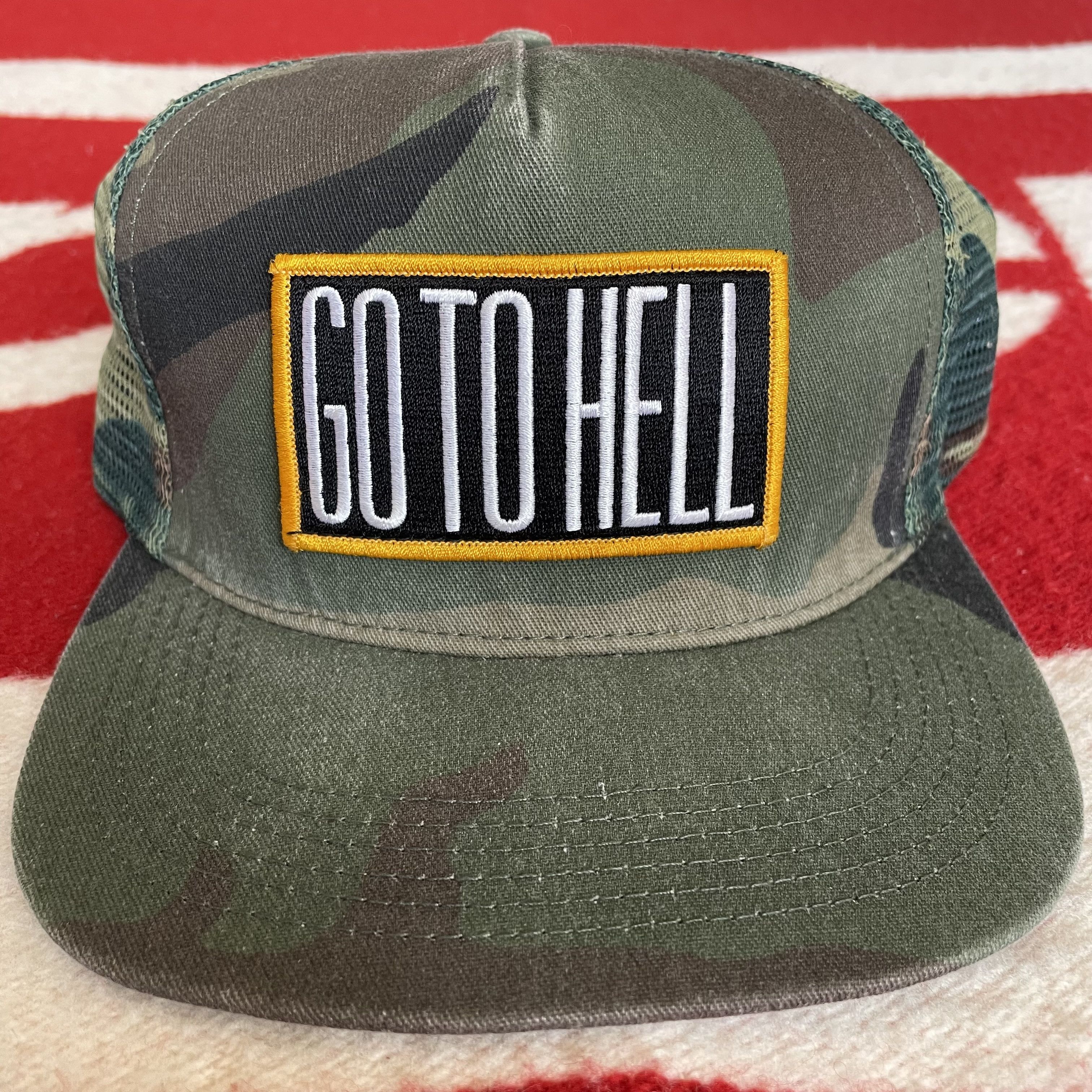 image of Supreme Go To Hell 5 Panel Trucker Snapback Hat Cap in Woodland Camo, Men's