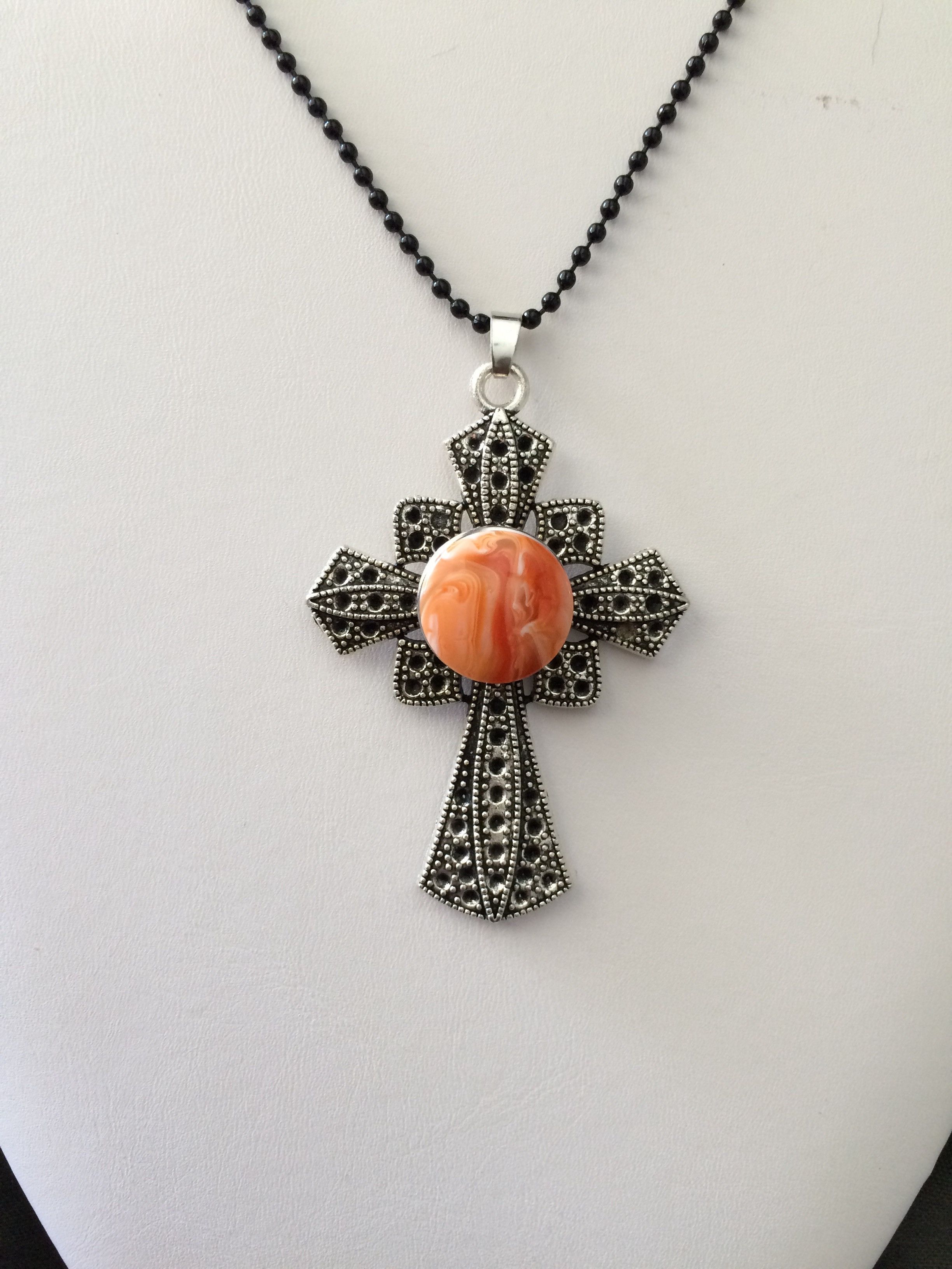 Jewelry Cross Chunk Button Tibetan silver Pendant Necklace - Orange Size ONE SIZE - 1 Thumbnail