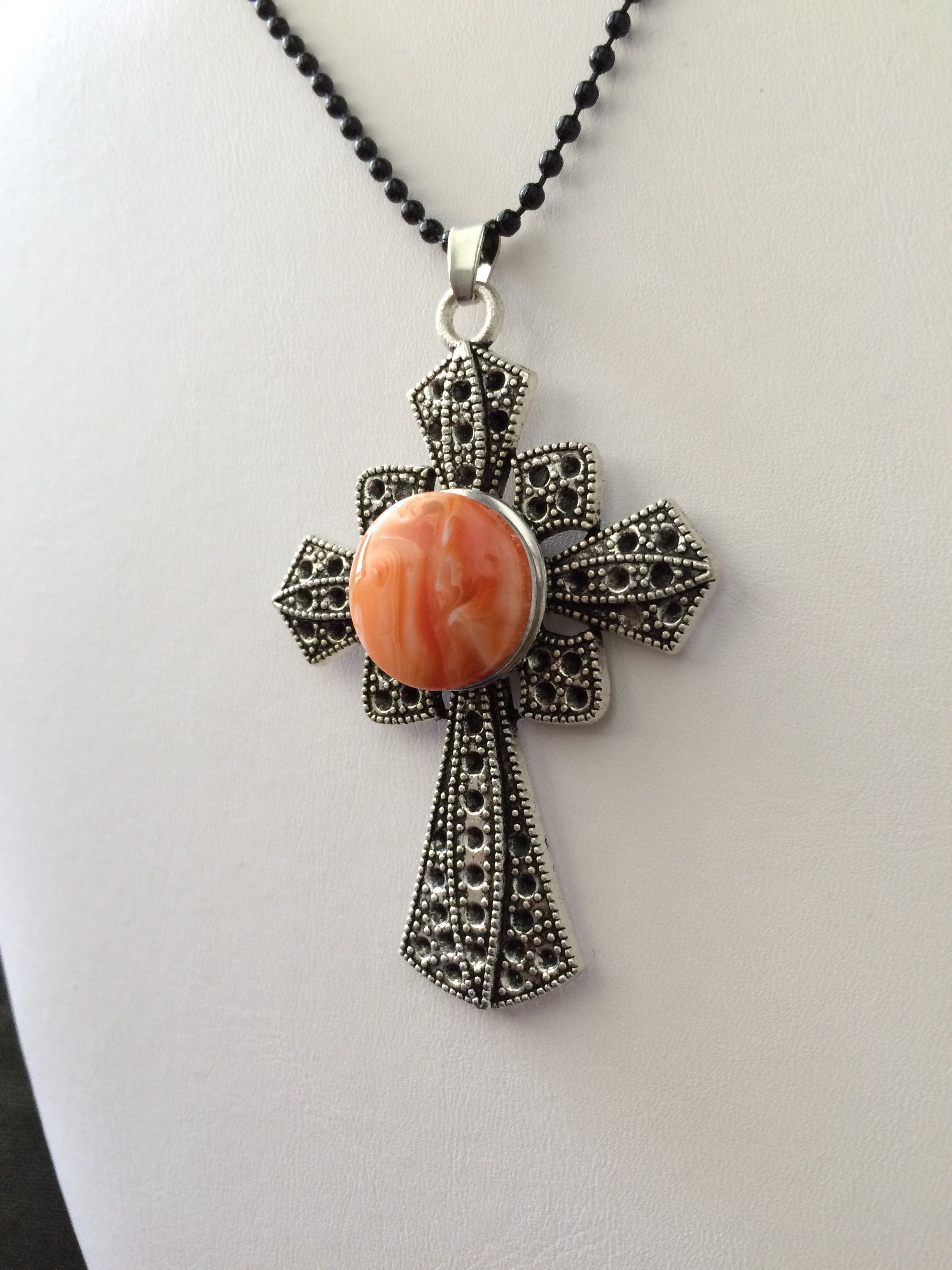 Jewelry Cross Chunk Button Tibetan silver Pendant Necklace - Orange Size ONE SIZE - 2 Thumbnail