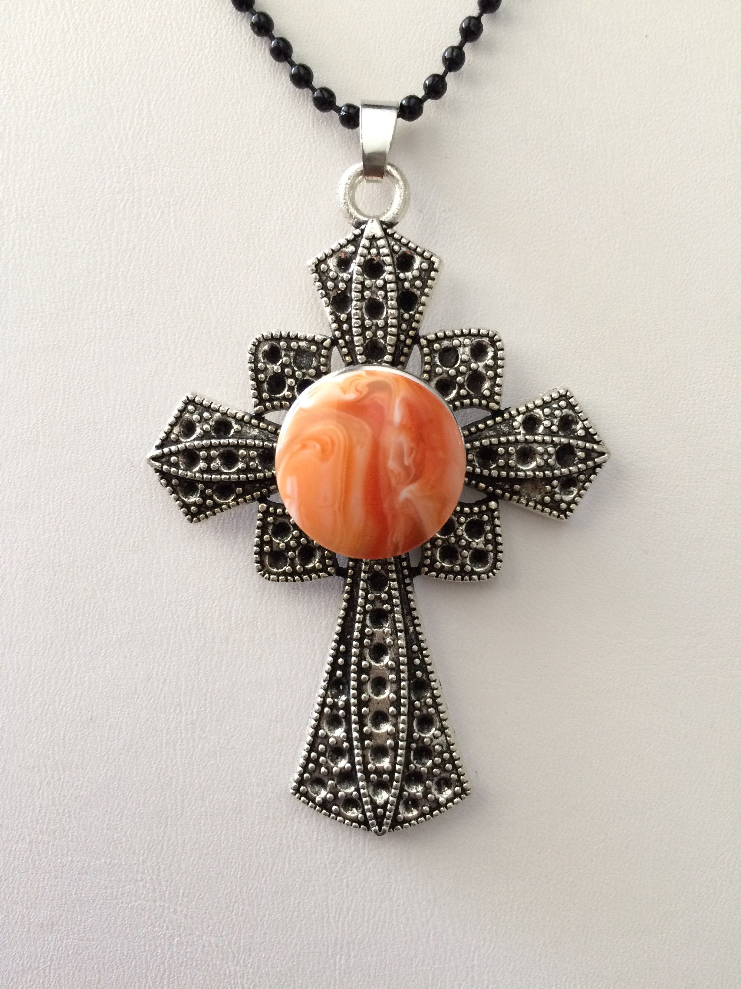 Jewelry Cross Chunk Button Tibetan silver Pendant Necklace - Orange Size ONE SIZE - 3 Thumbnail
